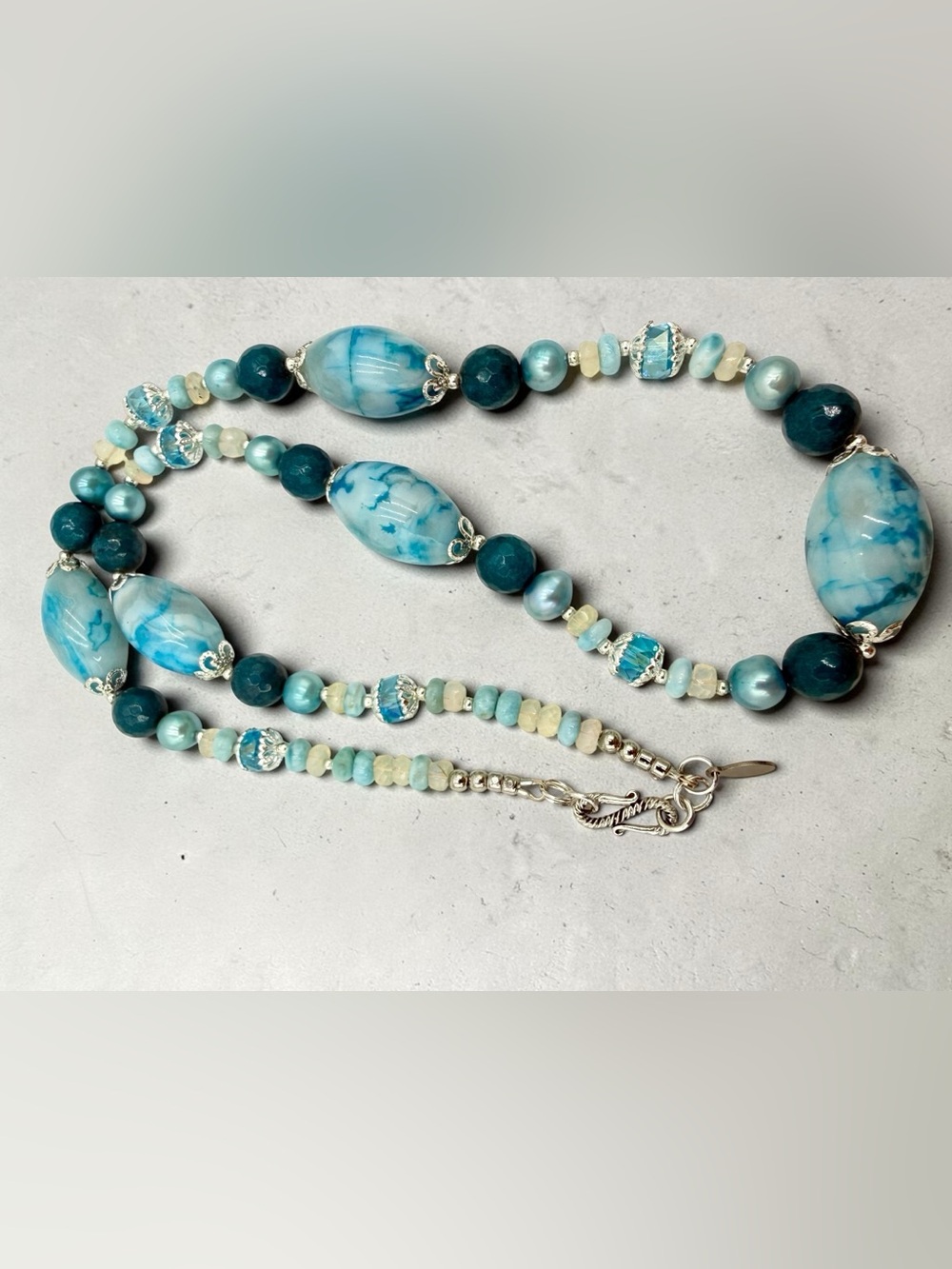 Artisan Murano Style Glass Larimar Apatite Opal Pearl Necklace 22” Ocean Blue - Picture 11 of 17